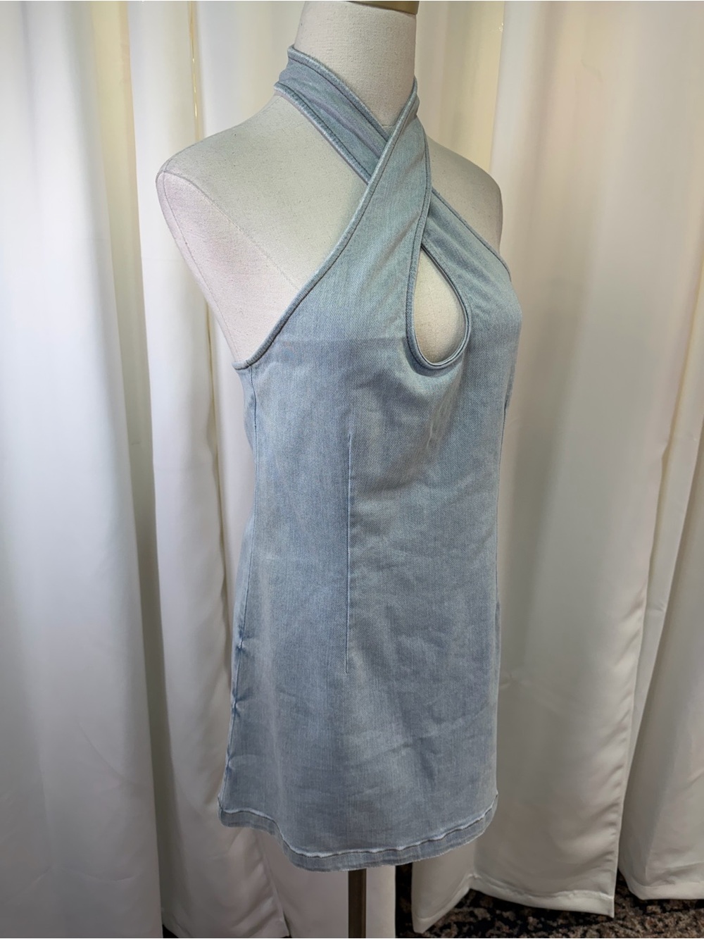NWT SER.O.YA ‘Hugo’ Denim Halter Crossover Mini Dress in “Coastline” Size Large - Picture 16 of 16